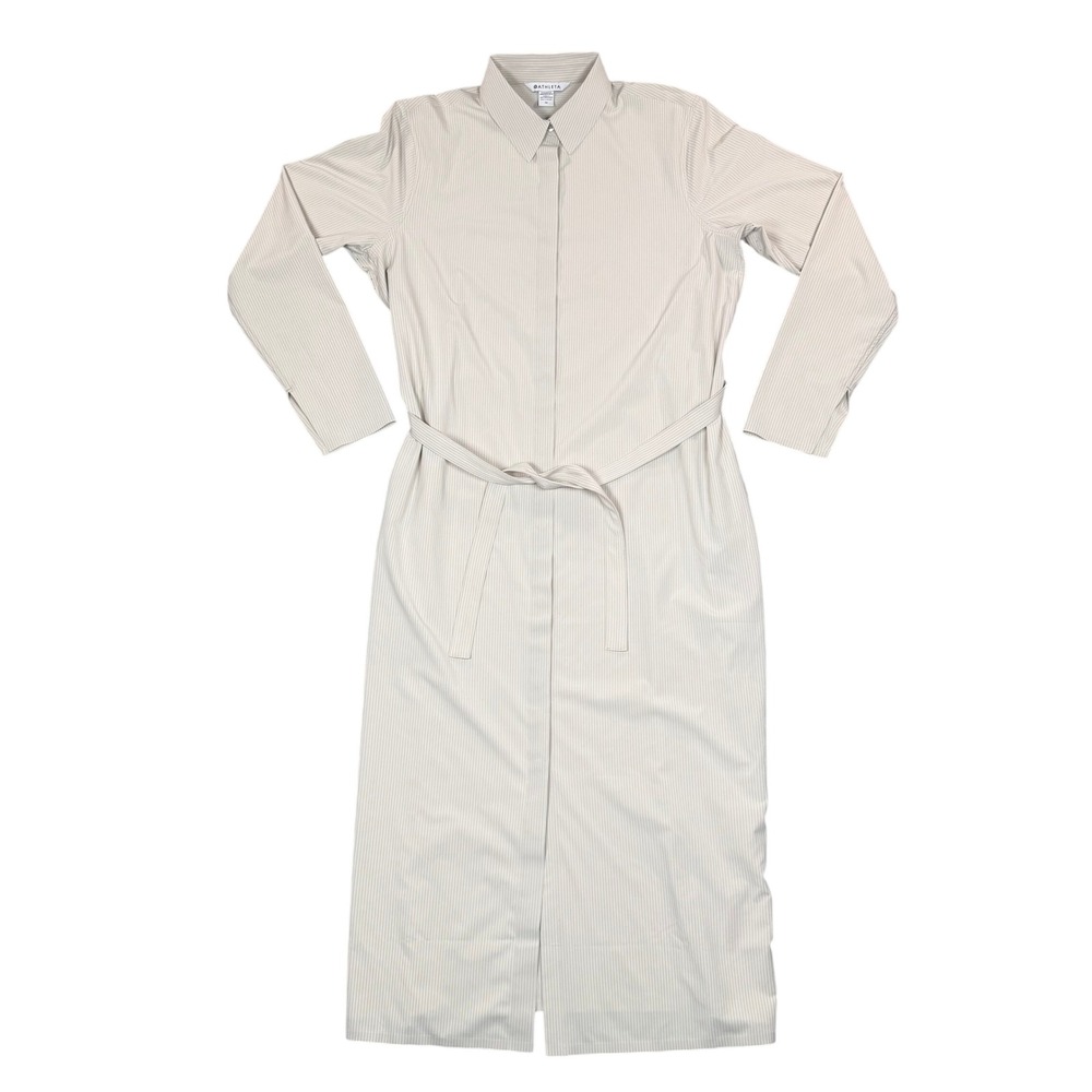 Athleta Presidio Midi Shirt Dress Tan White Pinstripe Tie Waist Size M Womens